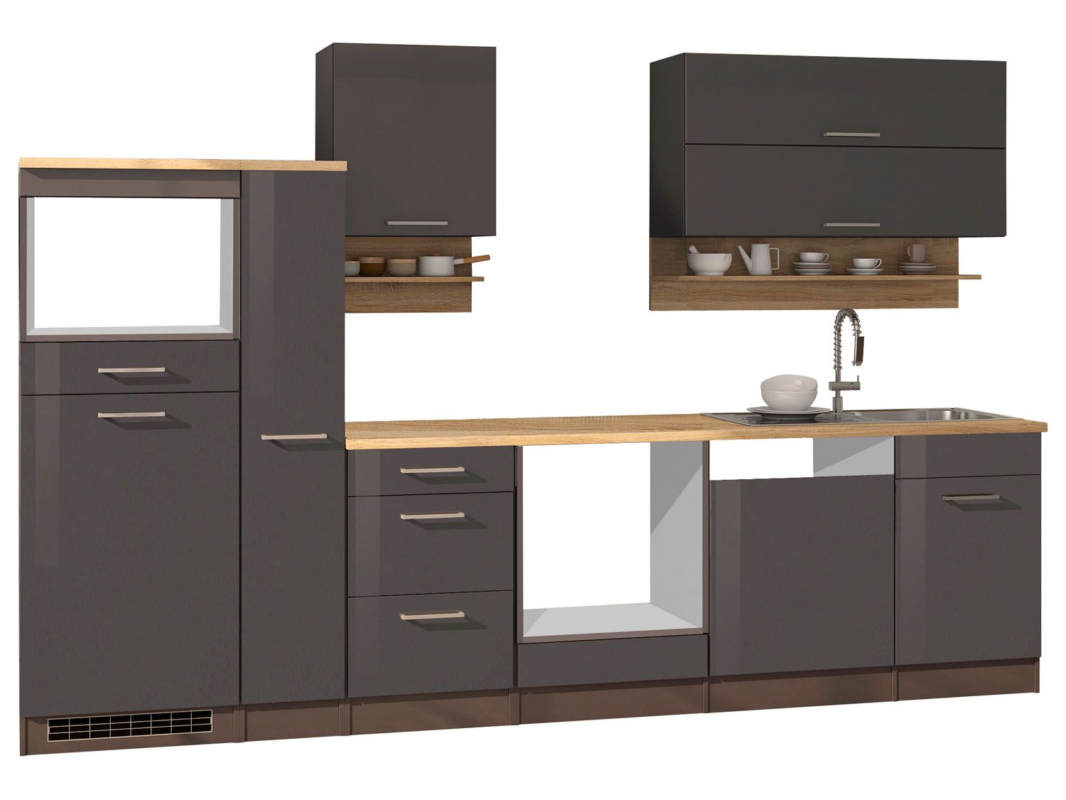 HELD Küchenzeile Mailand 220-390cm (ohne E-Geräte, Hochglanz-grau/eiche sonoma, 310 cm) | 04251639434568