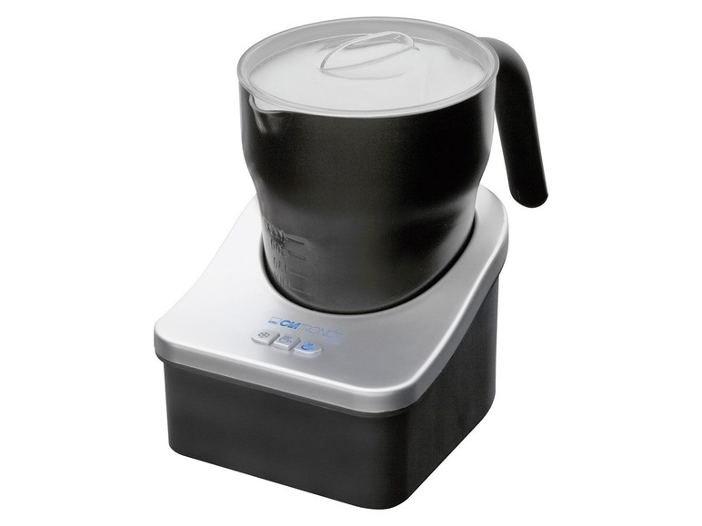 Ein schwarzer Milchaufschäumer mit Glaskanne von Clatronic.