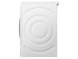 Seitenansicht eines weißen Wäschetrockners mit kreisförmigem Design.
