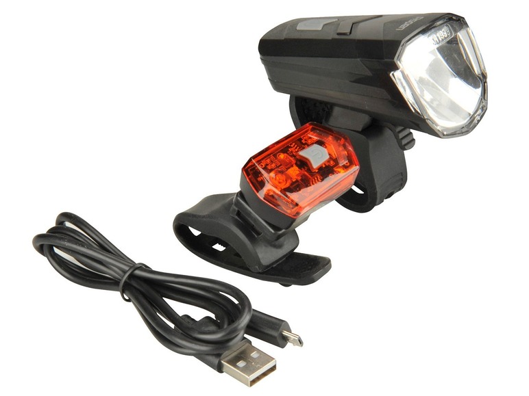 Eine schwarze Fahrradlampe mit einem roten Rücklicht und einem USB-Kabel.