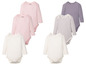 Sechs Baby-Bodys in verschiedenen Farben und Mustern, darunter rosa, weiß und grau mit Streifen.