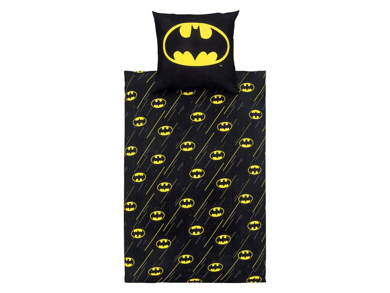 Ein schwarzer Bettbezug mit einem Batman-Logo und Kissenbezug.