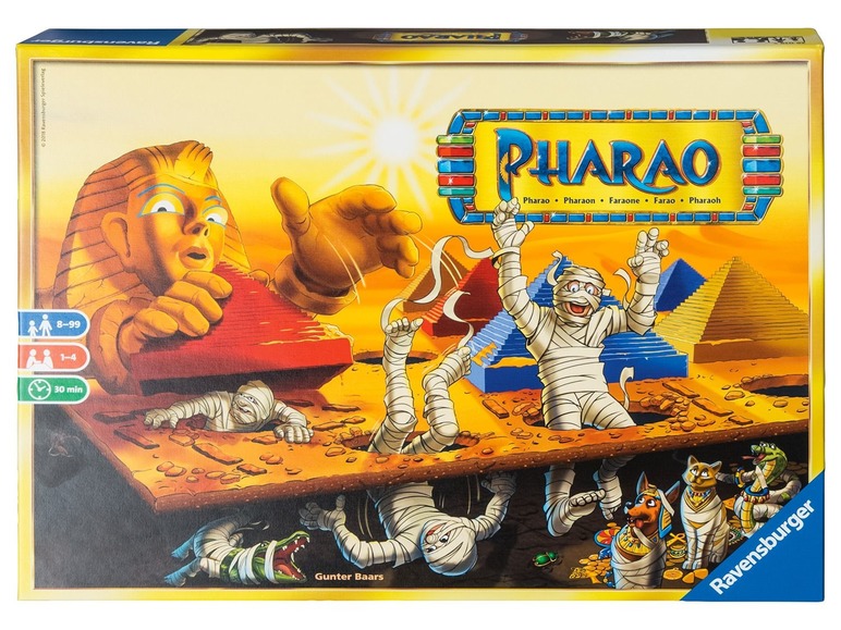 Das Brettspiel Pharao von Ravensburger mit Mumien und Pyramiden.
