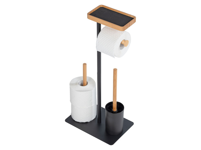 Gehe zu Vollbildansicht: Wenko Stand WC-Garnitur Barberi, 4 in 1 Konstruktion, aus schwarz lackiertem Metall und Bambus - Bild 9