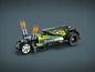 Ein LEGO Technic Modell eines grünen Hot Rods mit Flammen