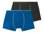 Zwei Boxershorts, eine blaue und eine schwarze, mit grünen Akzenten.