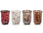 Vier Mosaik-Glas-Windlichter in Rot-, Weiß-, Blau-, Grau-, Braun- und Goldtönen.