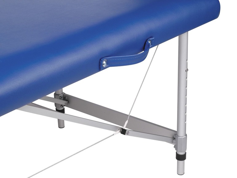Blauer Massagetisch mit verstellbarer Höhe und Griff.