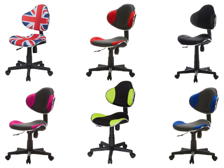 Sechs verschiedene Bürostuhlmodelle in unterschiedlichen Farben und Designs.