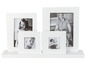 Ein Set mit vier weißen Bilderrahmen mit Familienfotos.