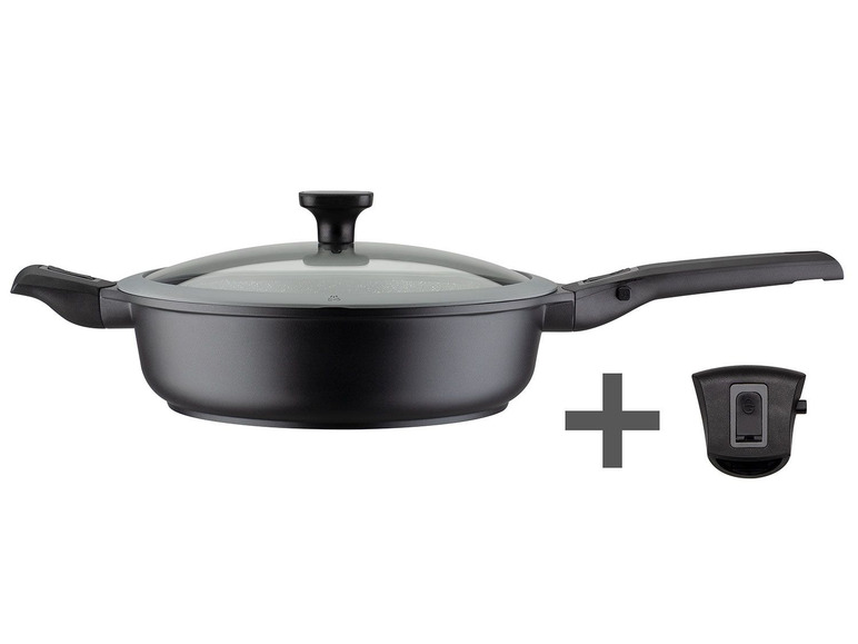 Ein schwarzer Topf mit Glasdeckel und einem zusätzlichen Griff.