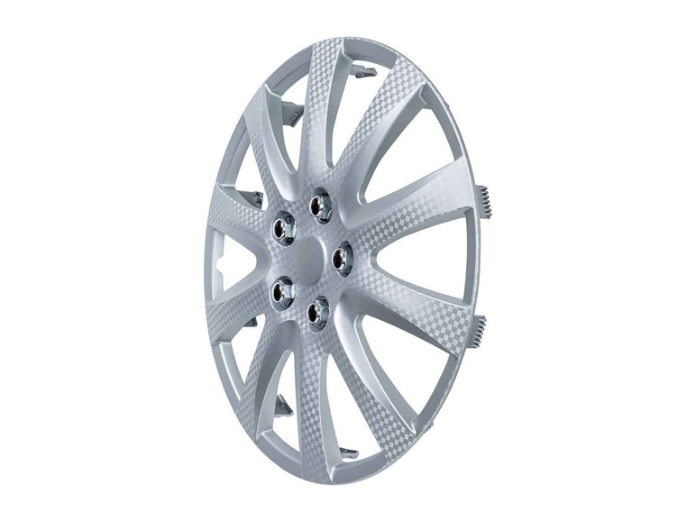 Ein silberner Radkappe mit Carbon-Optik.