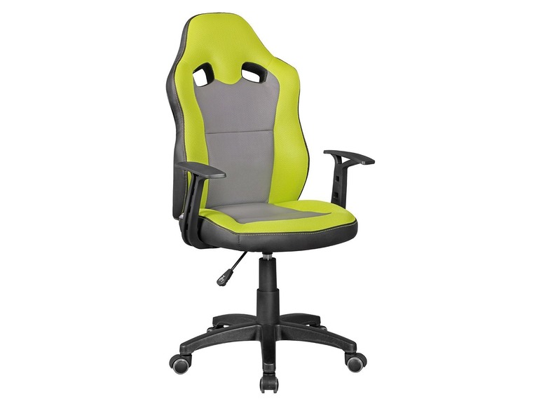 Grüner und grauer Bürostuhl mit Armlehnen und Rollen.