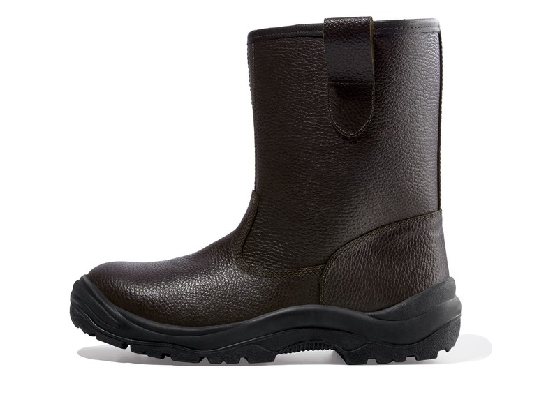 Braune Sicherheitsschuhe mit Stahlkappe.