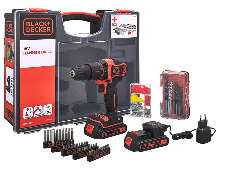 Black+Decker 18V Akku-Bohrschrauber mit Schlagfunktion, inklusive Zubehör, Ladegerät und zwei Akkus.