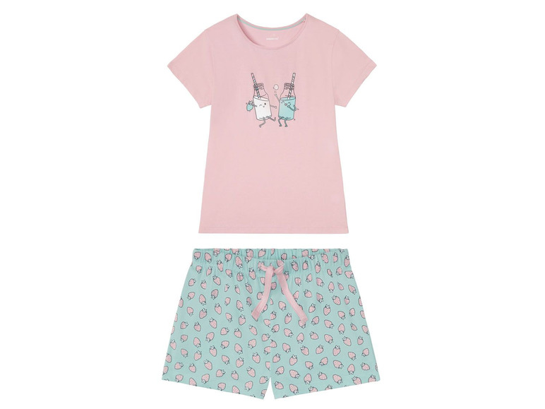 Ein rosa Pyjama mit kurzen Ärmeln, bedruckt mit Milch- und Saftflaschen, und kurzen Hosen mit Erdbeer-Print.