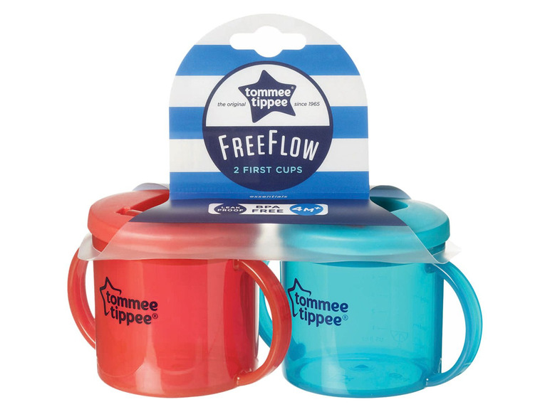 Zwei Tommee Tippee Freeflow Becher für Babys.