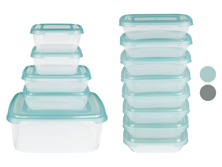 Ein Satz von vier Plastikbehältern mit blauen Rändern