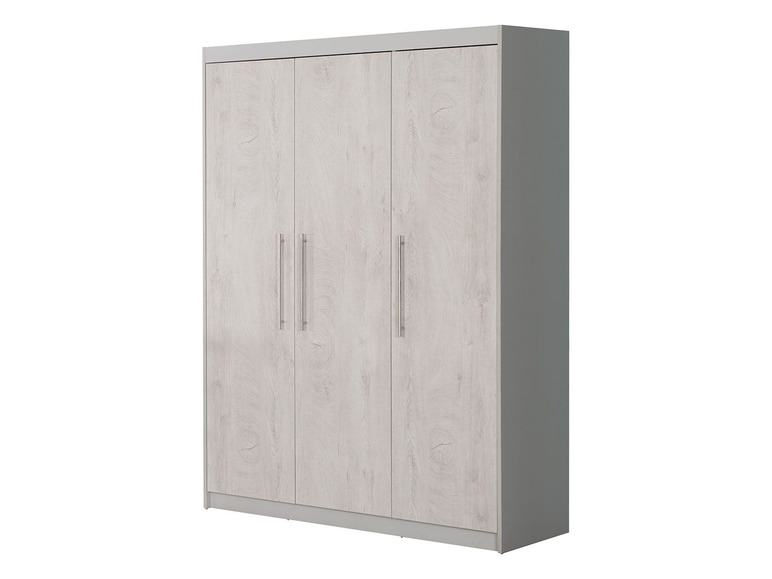 Ein weißer Kleiderschrank mit drei Türen.