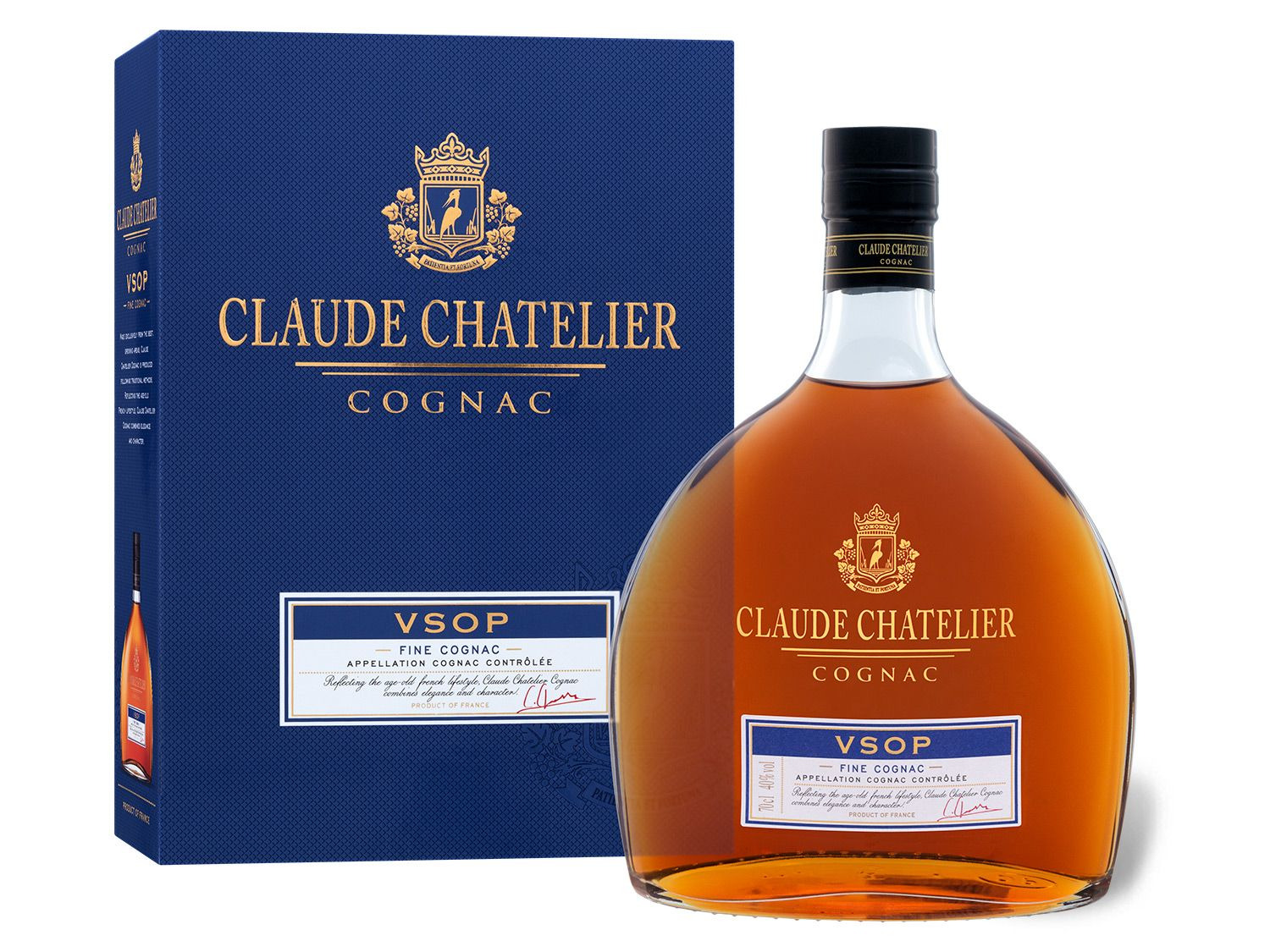 Claude 40% Cognac mit Chatelier Geschenkbox Vol VSOP