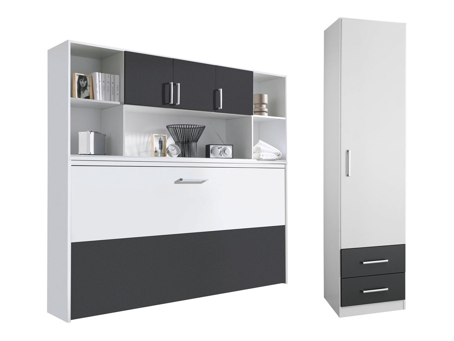 rauch ORANGE ALBERO Querklappbett mit Regalelement und Schrank (Schrank: 1-türig, Alpinweiß, Grau-metallic) | 04052438158880