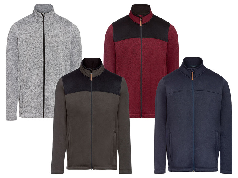 Drei Herrenjacken mit Reißverschluss in Grau, Dunkelrot und Dunkelblau.