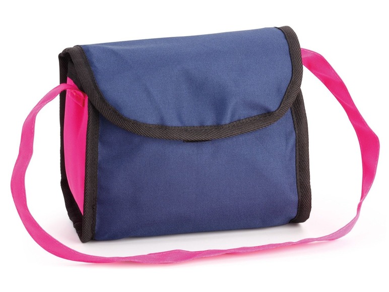 Eine dunkelblaue Kosmetiktasche mit einem rosafarbenen Schultergurt.