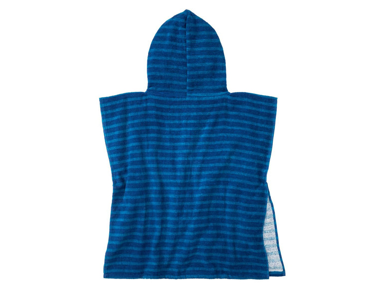 Ein blauer Bademantel mit Kapuze in Streifen.