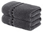 Drei graue Handtücher mit schwarzem Rand.