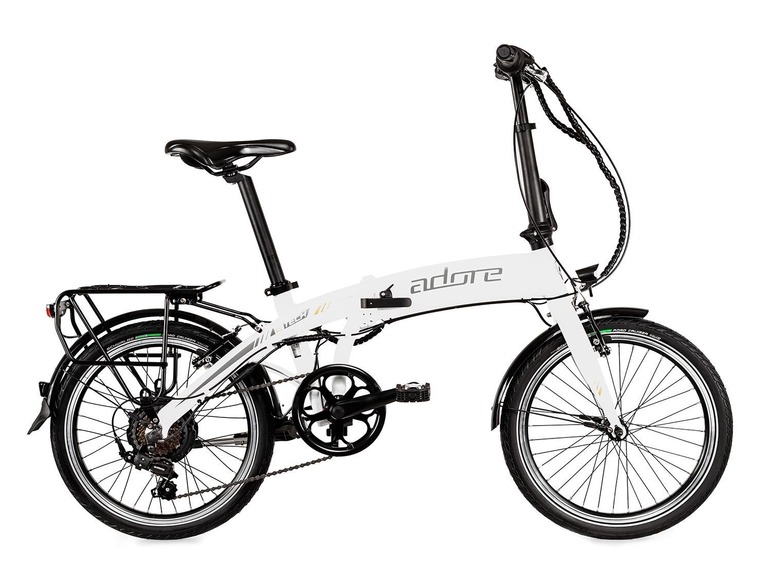 Weißes Adore Klapprad mit Elektroantrieb.