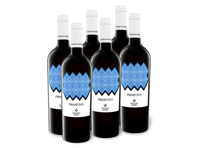 Maru IGP 0,75-l-Flasche Poggio Salento Rotwein Primitivo trocken, 6 Weinpaket x