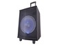 Ein schwarzer tragbarer Lautsprecher mit großem Gitter und blauer Beleuchtung.