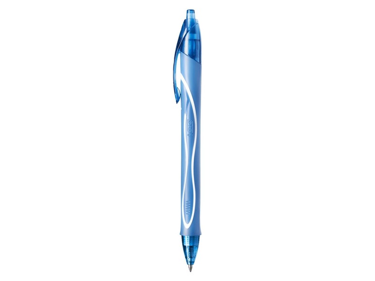 Ein blauer BIC Cristal Stift mit transparentem Griff.