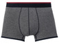 Graue Boxershorts mit blauem und rotem Saum.
