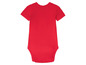 Ein rotes Baby-Bodysuit mit kurzen Ärmeln.