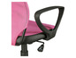 Ein rosa Bürostuhl mit Netzrückenlehne und schwarzen Armlehnen.