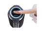 Ein schwarzer tragbarer Bluetooth-Lautsprecher mit Touchscreen-Steuerung.