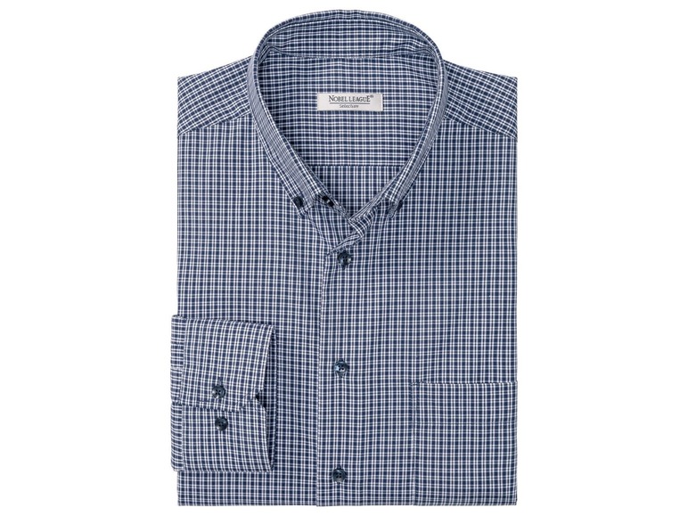 Ein dunkelblaues kariertes Hemd von Noble League.