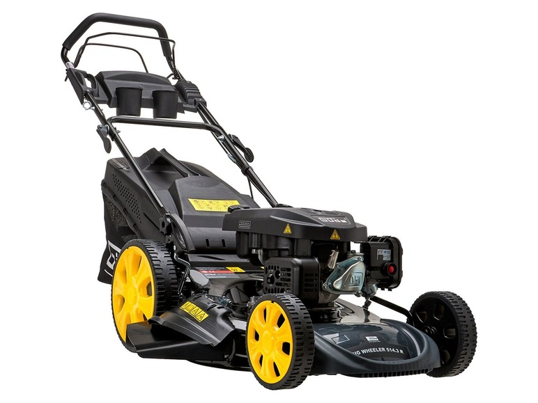 Ein schwarzer Rasenmäher mit gelben Rädern