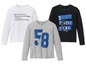 Drei Langarmshirts für Jungen: ein weißes mit 'bro', ein graues mit '58' und ein schwarzes mit '3Sixty Street Hero'.
