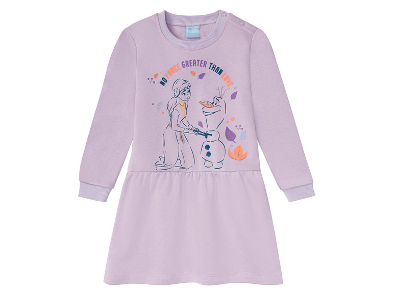 Lilafarbenes Kleid mit langen Ärmeln mit Elsa und Olaf aus Frozen.