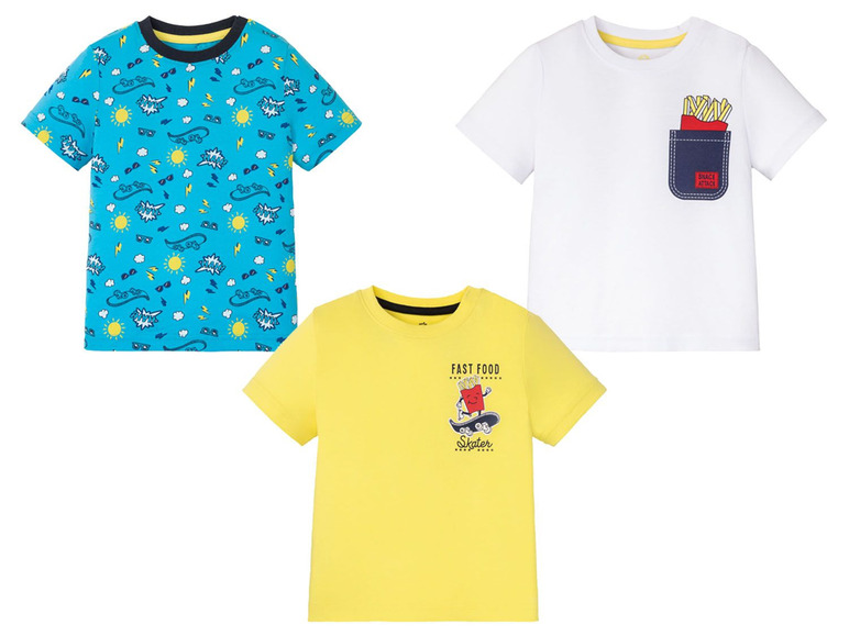 Drei T-Shirts für Jungen mit Sonne-, Fast-Food- und Pommes-Motiv.