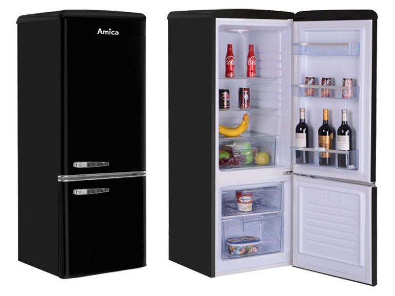 Ein schwarzer Amica Retro-Kühlschrank mit zwei Türen