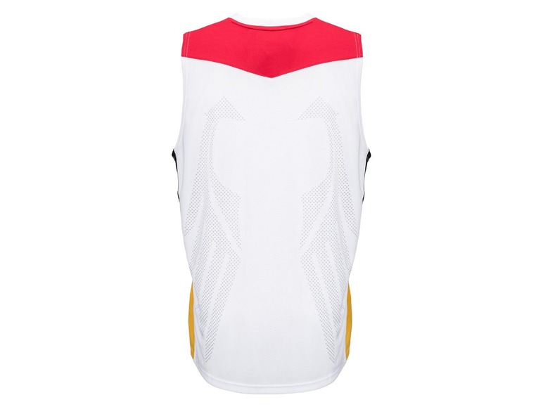 Weißes Basketballtrikot mit roten und gelben Details.