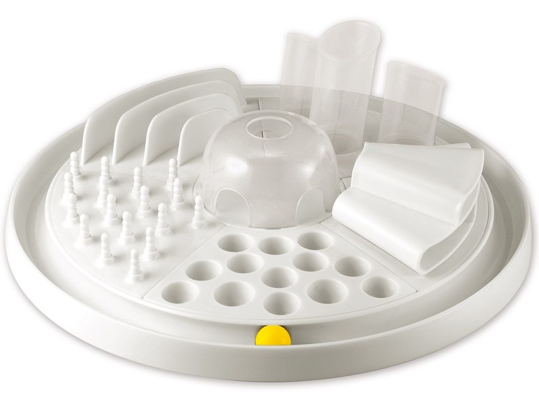 Ein weißes Hundefutter-Puzzle-Spiel mit verschiedenen Fächern und Herausforderungen.