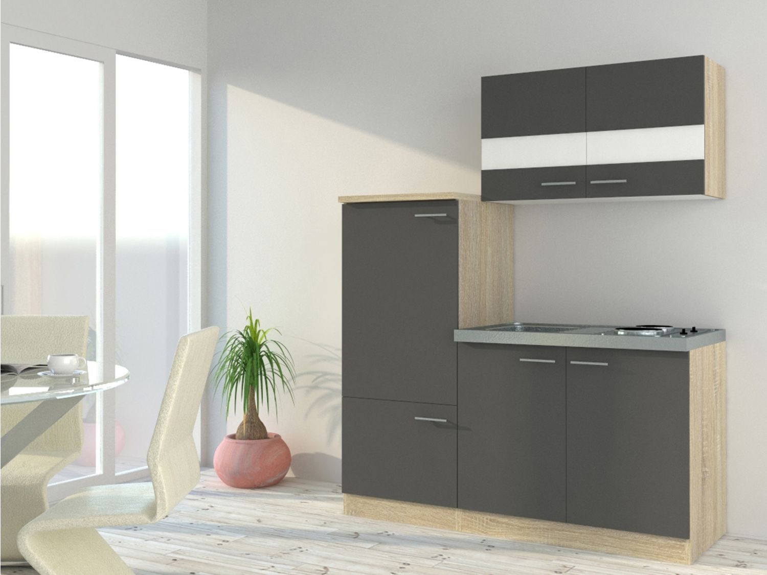 Respekta Singleküche Eiche Sonoma Sägerau 150/160/180cm (ohne Mikrowelle, grau mit Kochmulde, Breite 160cm) | 04260641222599