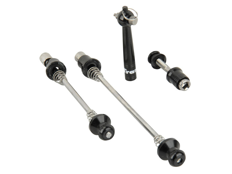 Ein Satz schwarzer Schnellspanner für Fahrräder.