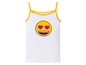 Weißes Tanktop mit gelben Details und einem Emoji mit Herzaugen.