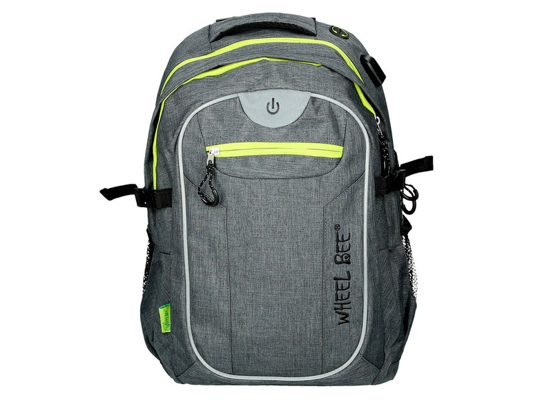 Ein grauer Rucksack mit gelben Akzenten von Wheel Bee.