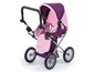 Ein rosa und lila Puppenwagen mit Rädern.